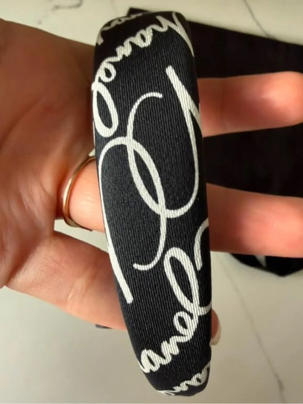 CHANEL Black and White Satin Logo Headband